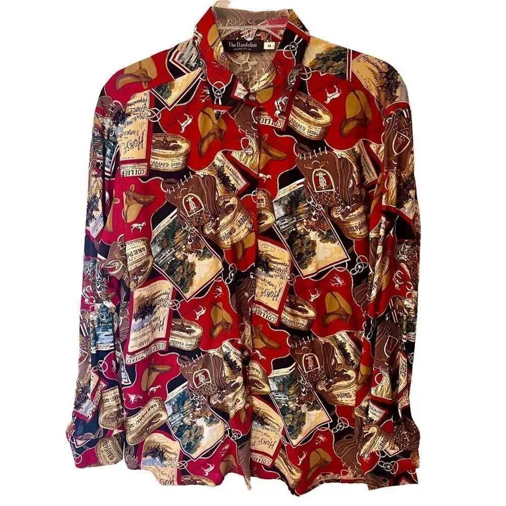 Equestrian Theme Button Front Blouse Horse Riding Top Women’s Size Medium